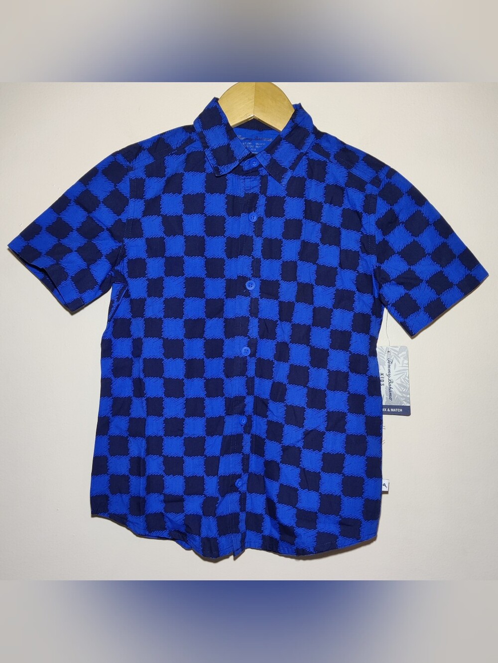 Tommy Bahama Kids Boys Sz M 7/8 Blue Checkered Short Sleeve Button Up Shirt NWT